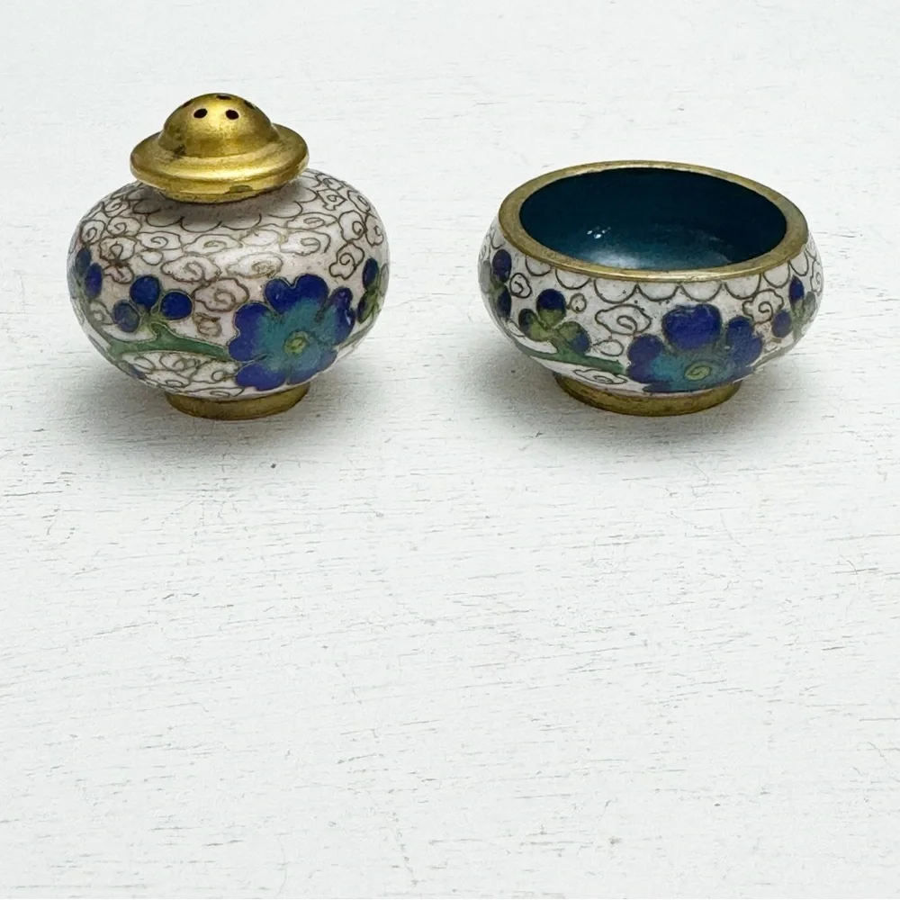 Blue Floral Cloisonné Salt and Pepper Shaker Cellar Vintage Stackable Brass